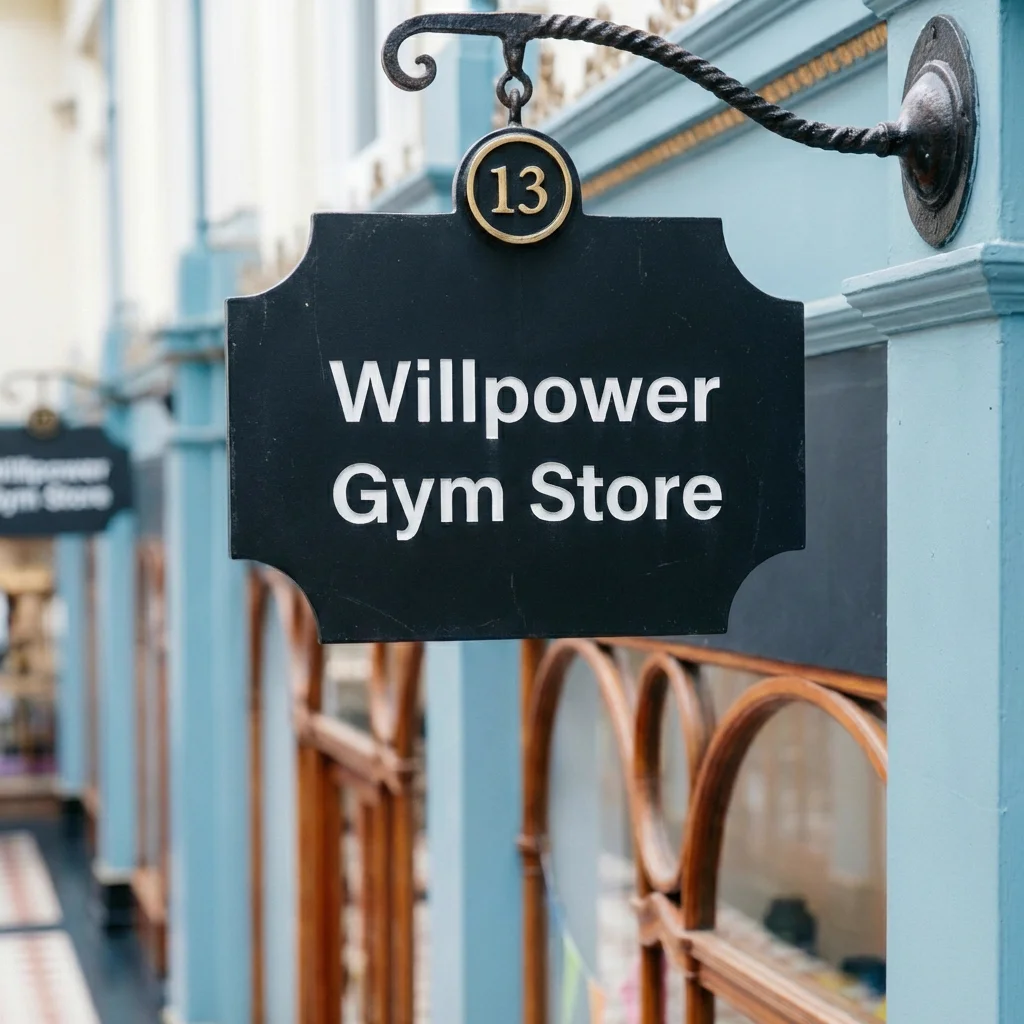 Close-up of the authentic Willpower Gym Store hanging sign
