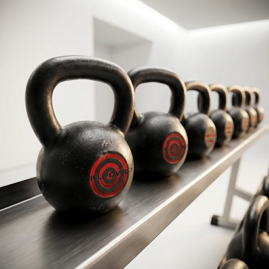 Premium WillPower branded kettlebells in a clinical gym environment